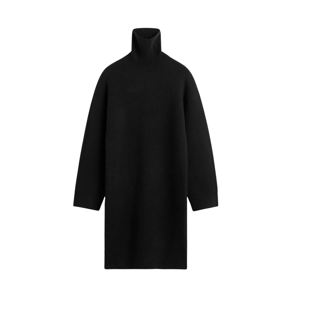 Turtleneck Knit Sweater Dress – Black, Long Sleeve, Women's