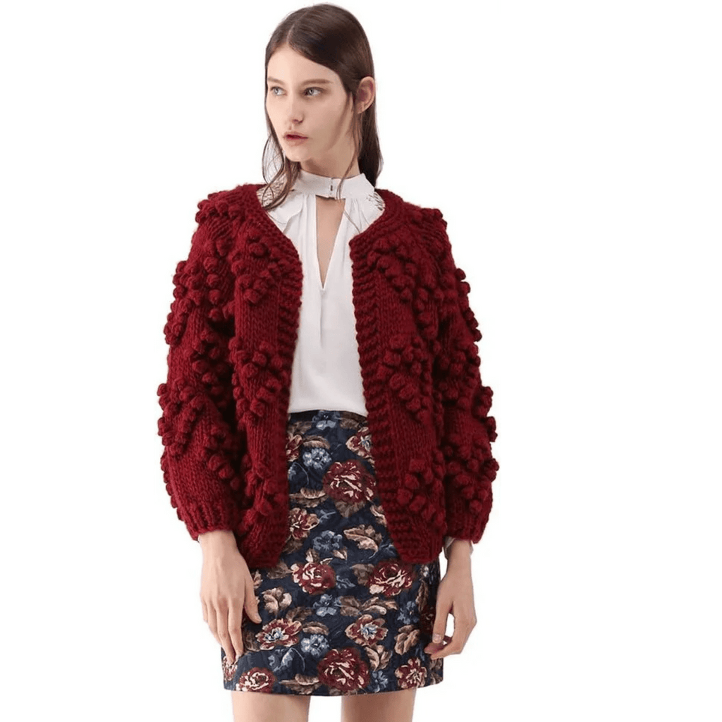 Chunky Popcorn Knit Cardigan – Deep Red, Textured, Women's - onyourshape