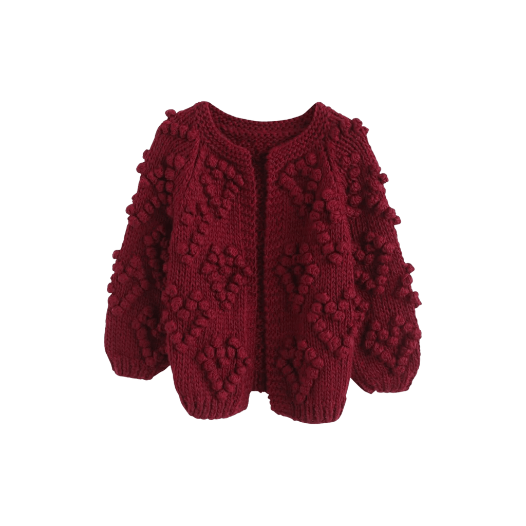 Chunky Popcorn Knit Cardigan – Deep Red, Textured, Women's - onyourshape