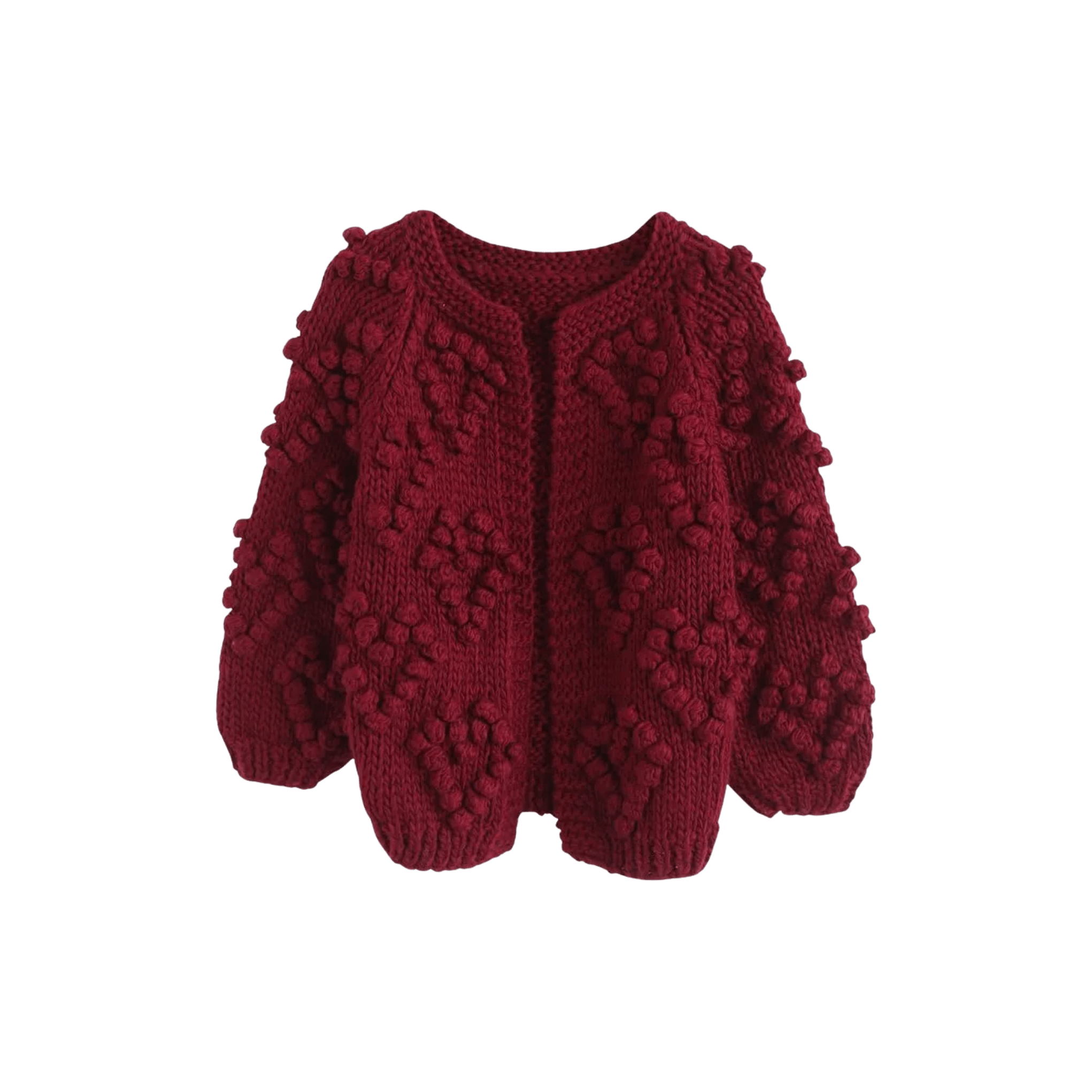 Chunky Popcorn Knit Cardigan – Deep Red, Textured, Women's - onyourshape