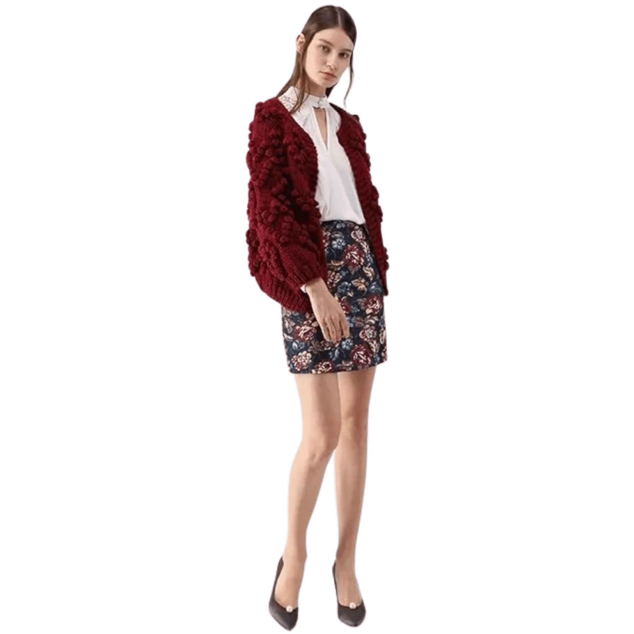 Chunky Popcorn Knit Cardigan – Deep Red, Textured, Women's - onyourshape