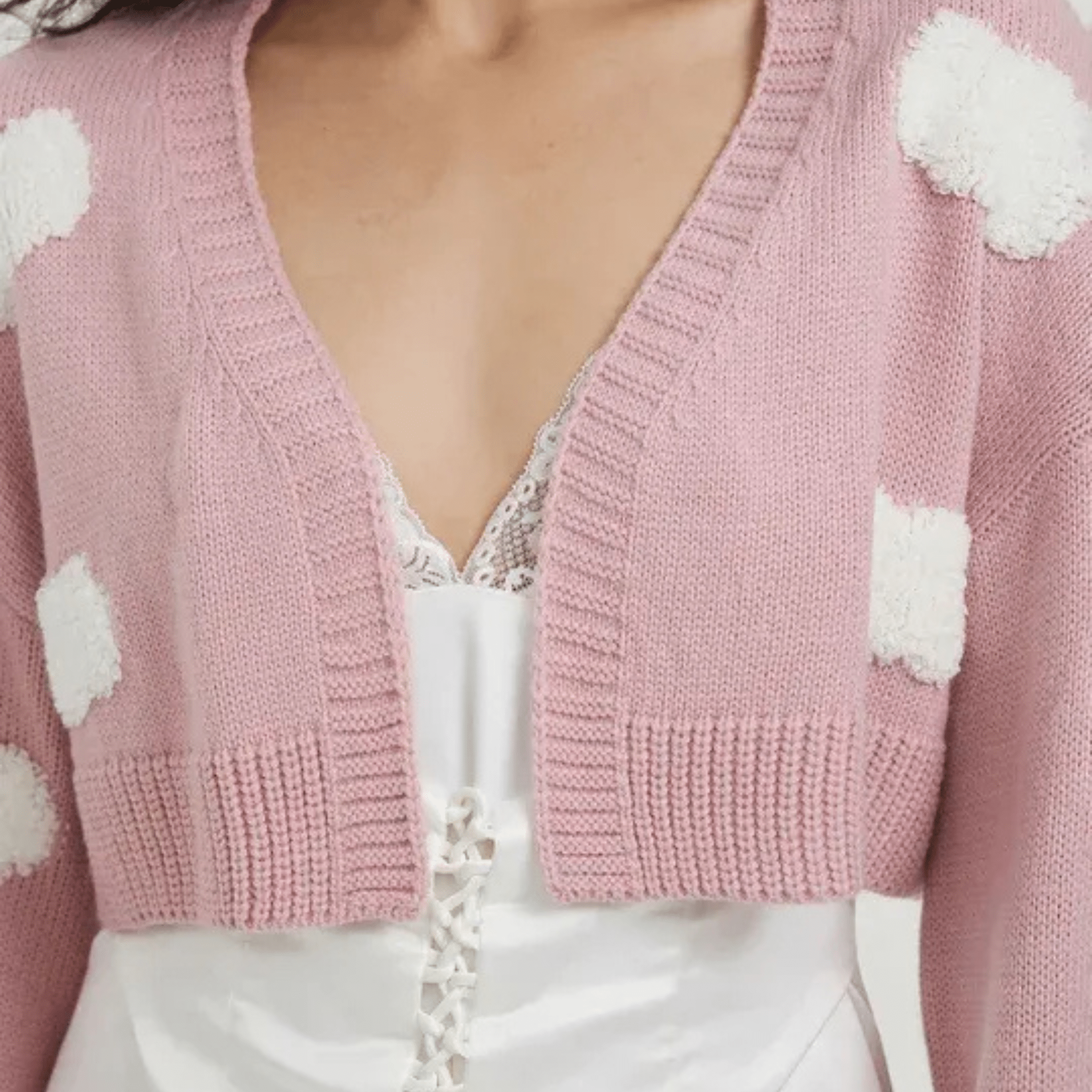 Cropped Cardigan – Pink with White Cloud Details, Long Sleeve, Women's - onyourshape