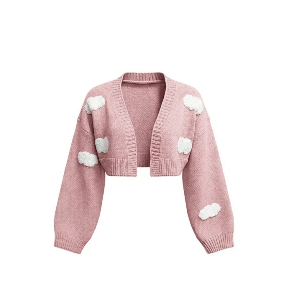 Cropped Cardigan – Pink with White Cloud Details, Long Sleeve, Women's - onyourshape