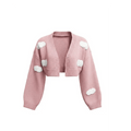 Cropped Cardigan – Pink with White Cloud Details, Long Sleeve, Women's - onyourshape