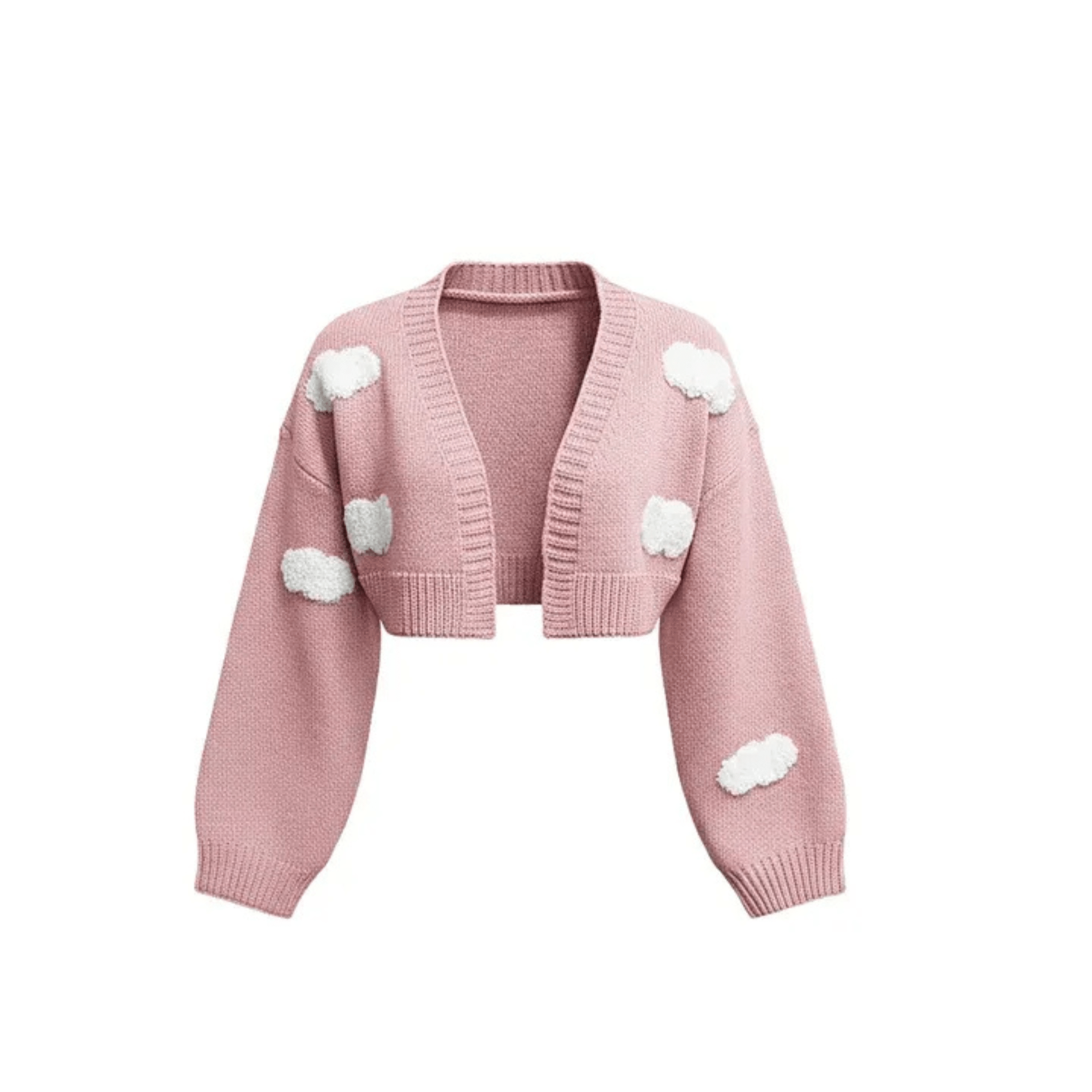 Cropped Cardigan – Pink with White Cloud Details, Long Sleeve, Women's - onyourshape