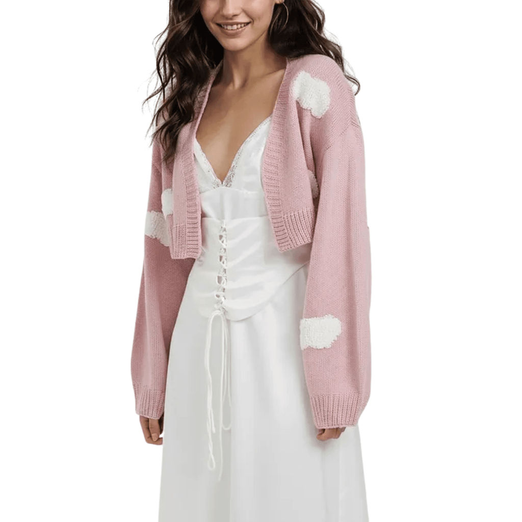 Cropped Cardigan – Pink with White Cloud Details, Long Sleeve, Women's - onyourshape