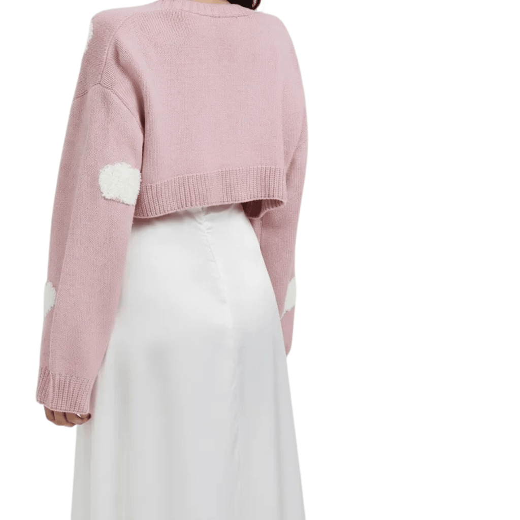 Cropped Cardigan – Pink with White Cloud Details, Long Sleeve, Women's - onyourshape