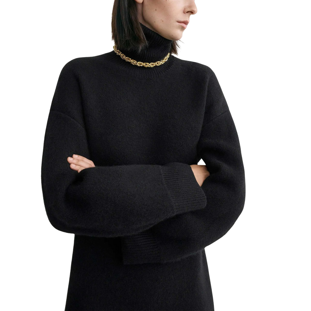 Turtleneck Knit Sweater Dress – Black, Long Sleeve, Women's