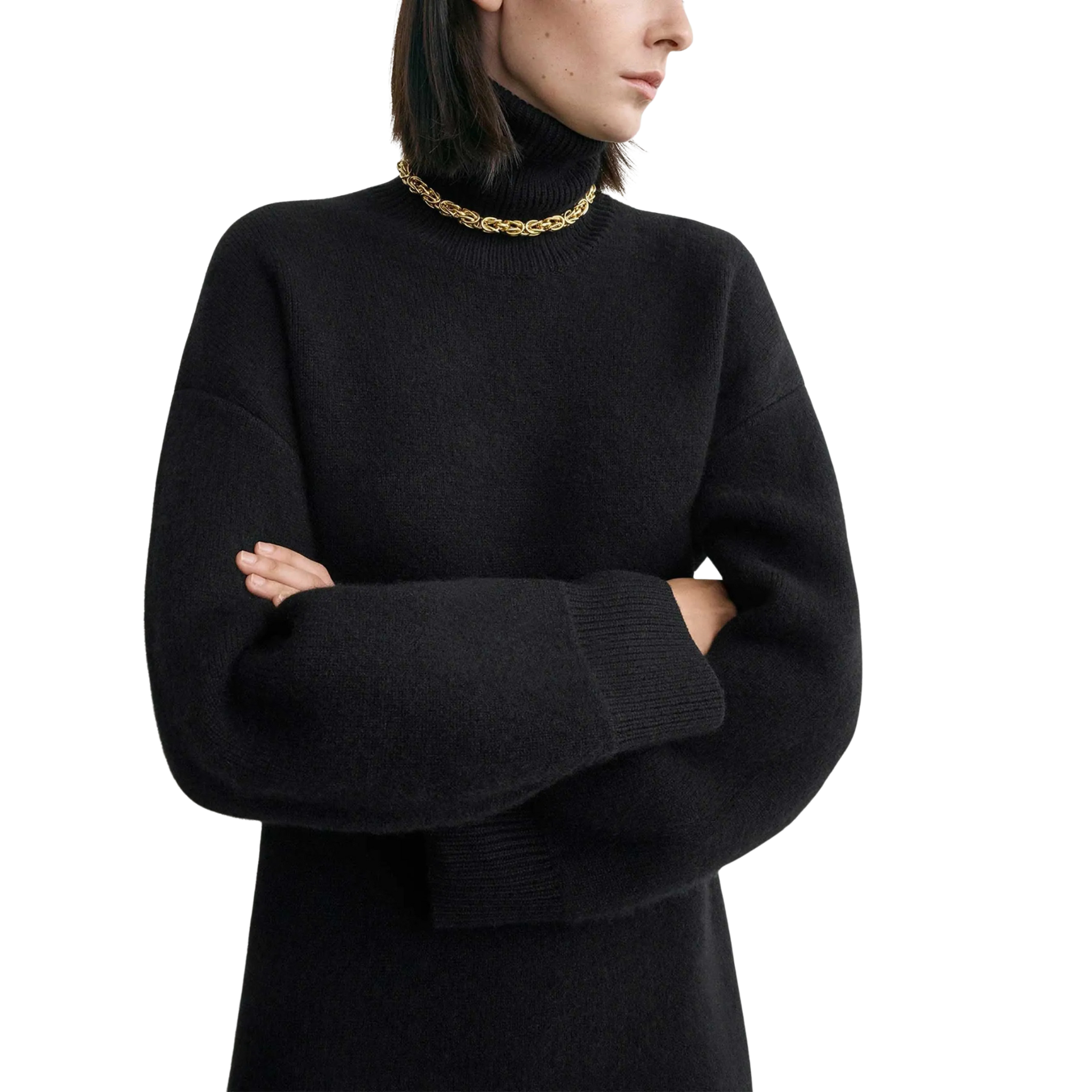 Turtleneck Knit Sweater Dress – Black, Long Sleeve, Women's