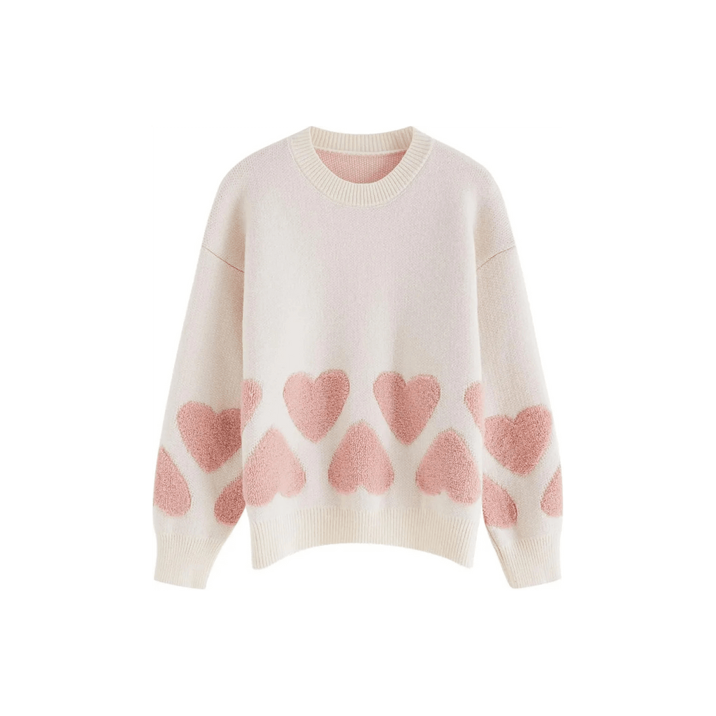 Heart Pattern Knit Sweater – Cream & Blush Pink, Long Sleeve, Women's - onyourshape