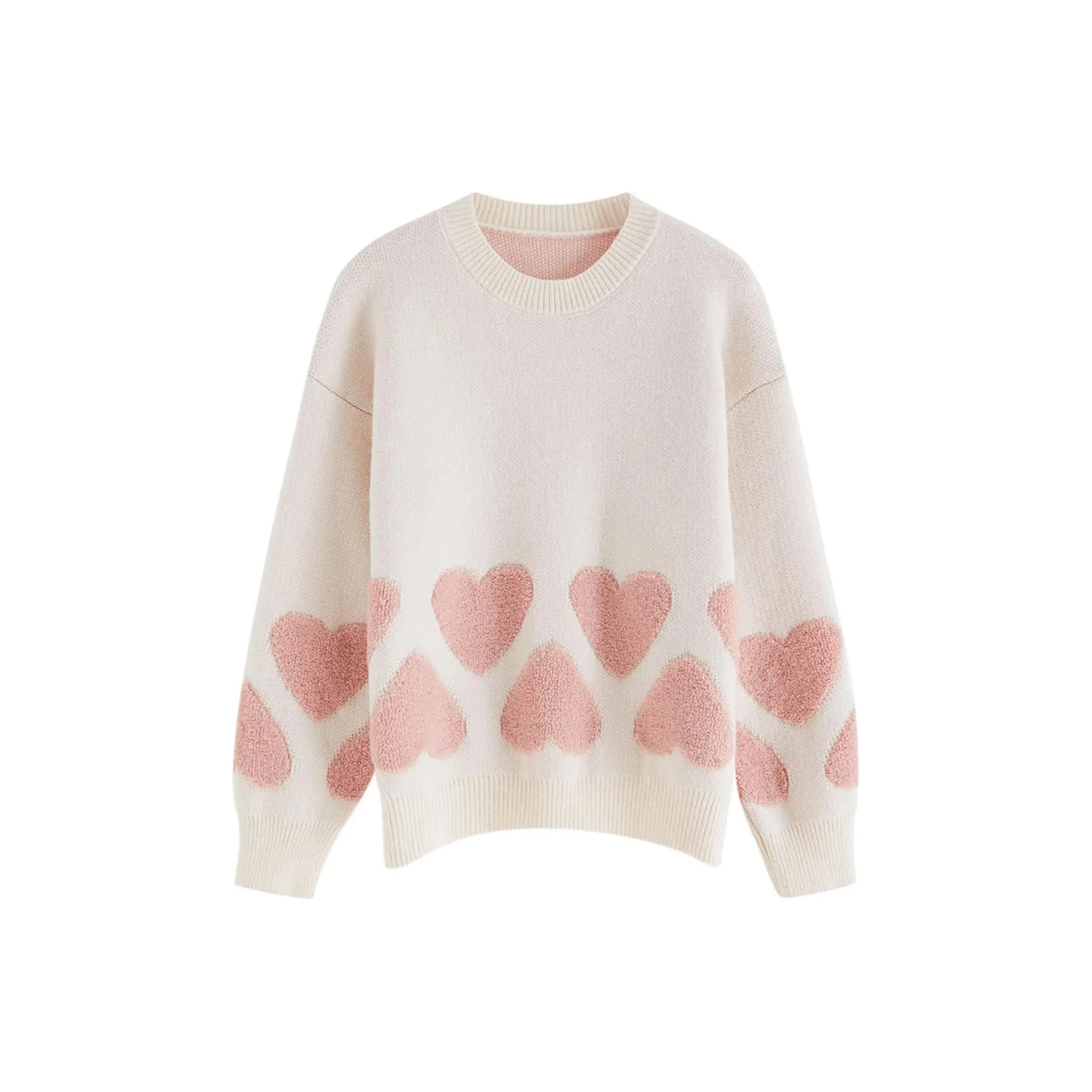Heart Pattern Knit Sweater – Cream & Blush Pink, Long Sleeve, Women's - onyourshape