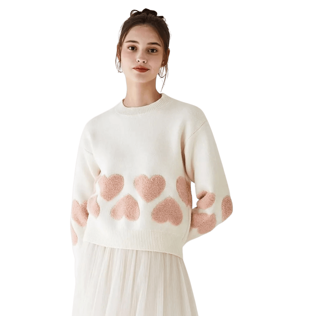 Heart Pattern Knit Sweater – Cream & Blush Pink, Long Sleeve, Women's - onyourshape