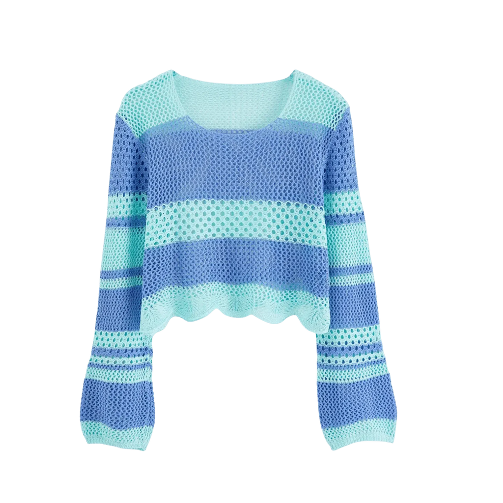 Open‑Knit Cropped Sweater – Aqua & Blue Stripe, Bell Sleeve, Women's