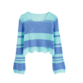 Open‑Knit Cropped Sweater – Aqua & Blue Stripe, Bell Sleeve, Women's