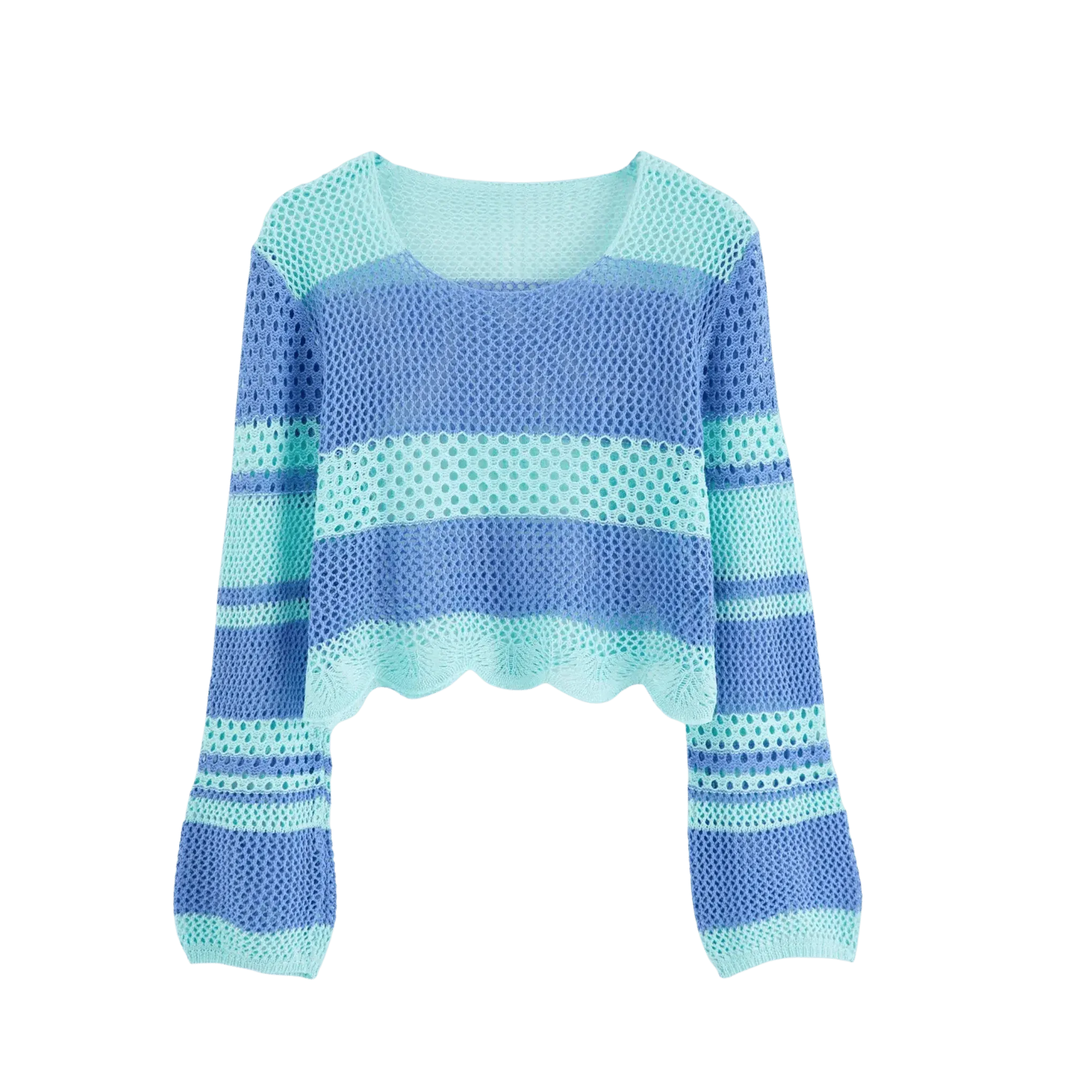 Open‑Knit Cropped Sweater – Aqua & Blue Stripe, Bell Sleeve, Women's