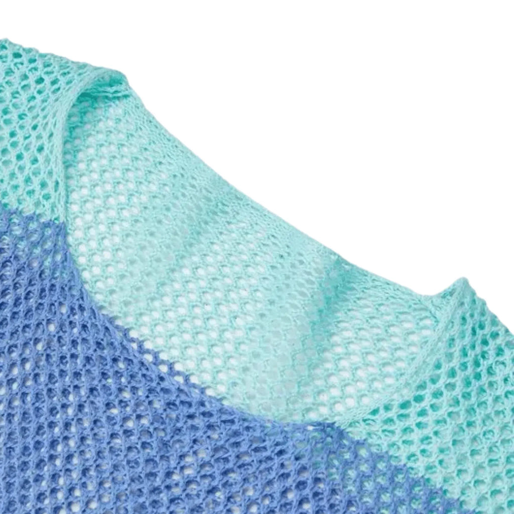 Open‑Knit Cropped Sweater – Aqua & Blue Stripe, Bell Sleeve, Women's