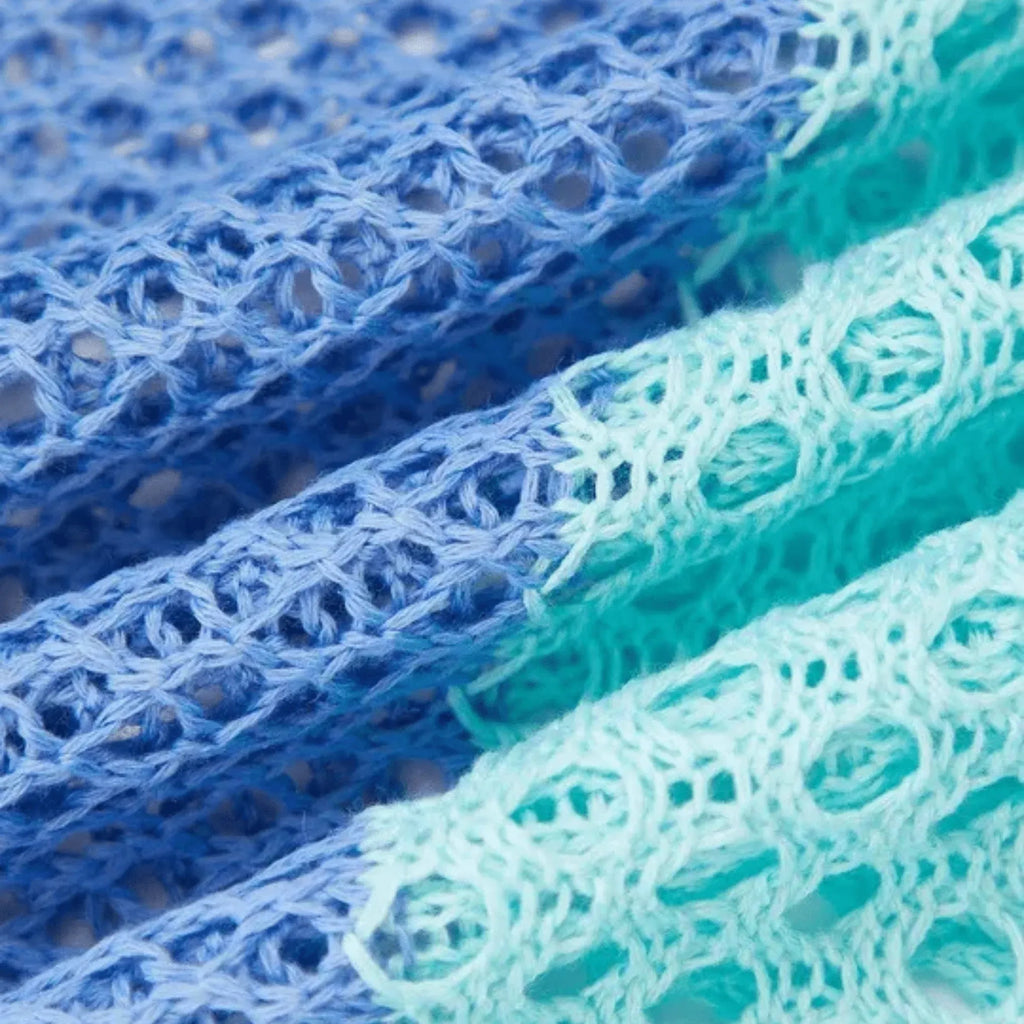 Open‑Knit Cropped Sweater – Aqua & Blue Stripe, Bell Sleeve, Women's