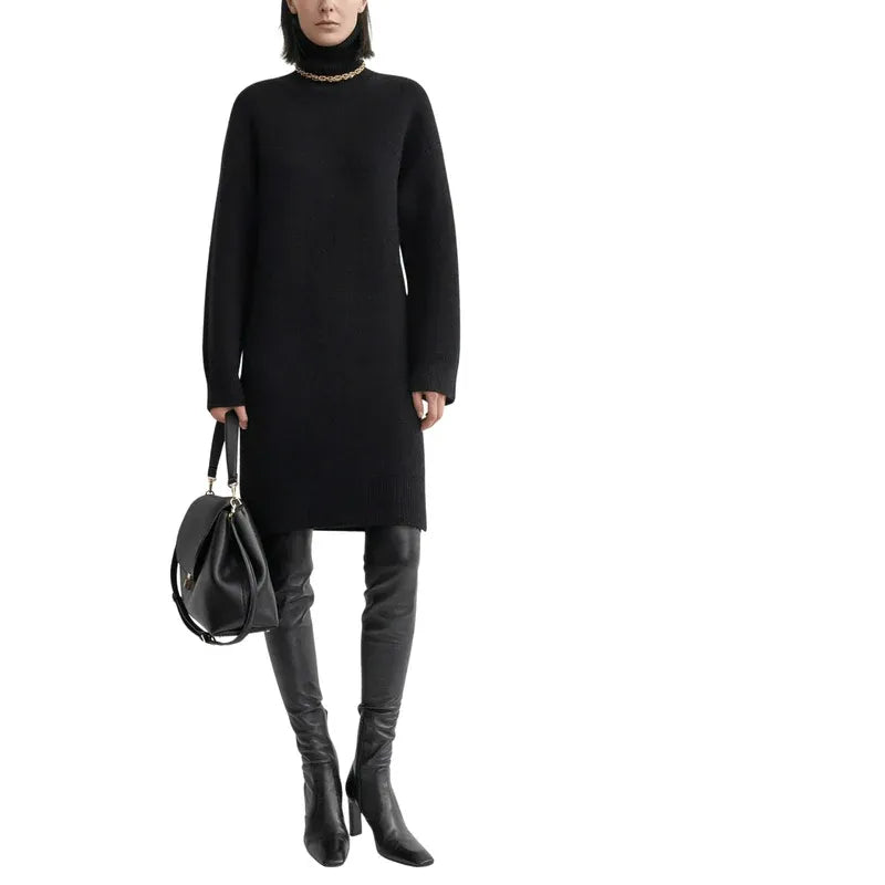Turtleneck Knit Sweater Dress – Black, Long Sleeve, Women's