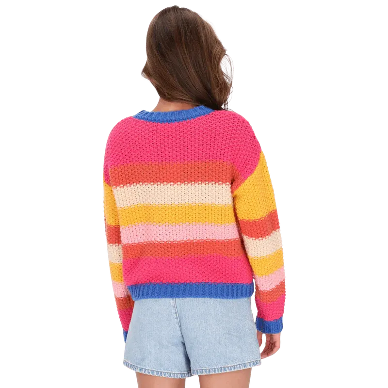 Striped Chunky Knit Sweater – Rainbow Pink, Long Sleeve, Women's