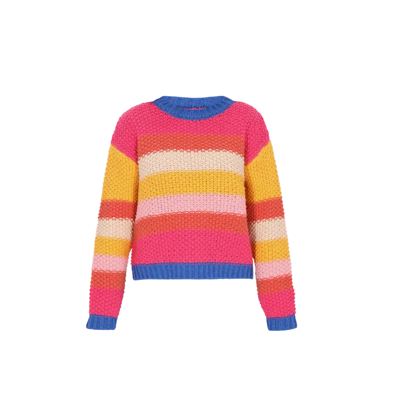 Striped Chunky Knit Sweater – Rainbow Pink, Long Sleeve, Women's