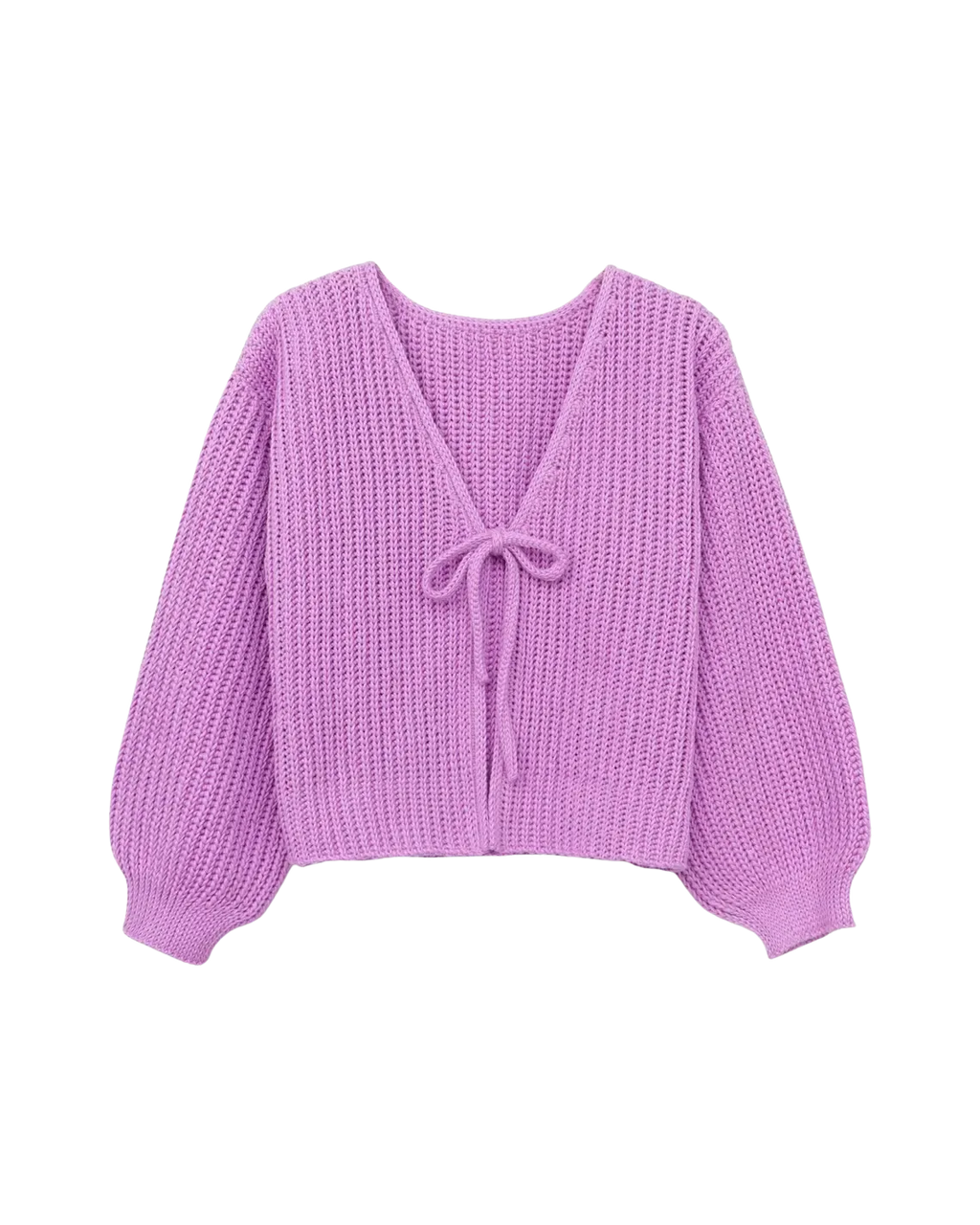Women's Lavender Purple Knit Cardigan with Tie Front and Puff Sleeves - Cropped Length"