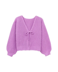 Women's Lavender Purple Knit Cardigan with Tie Front and Puff Sleeves - Cropped Length"
