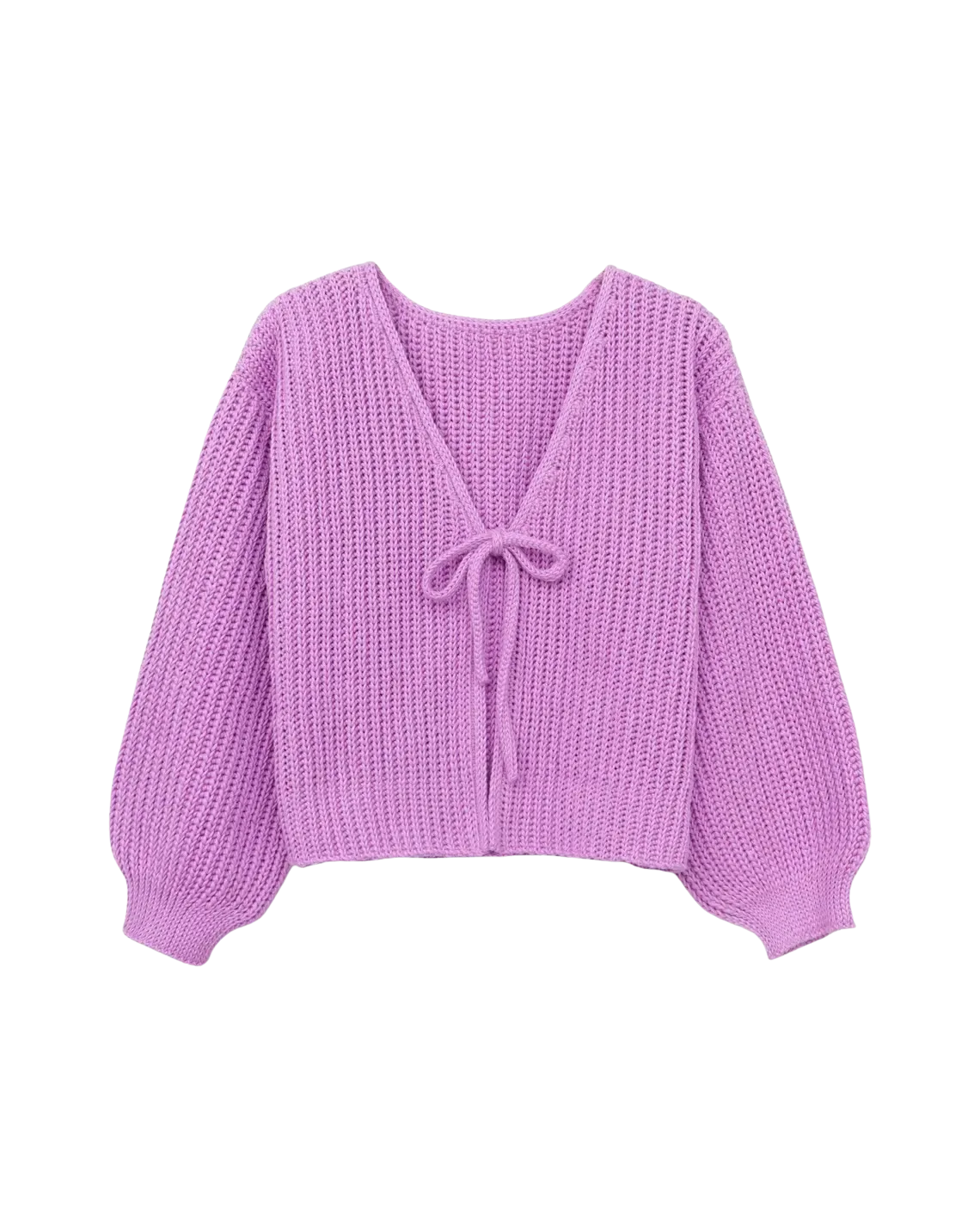 Women's Lavender Purple Knit Cardigan with Tie Front and Puff Sleeves - Cropped Length"