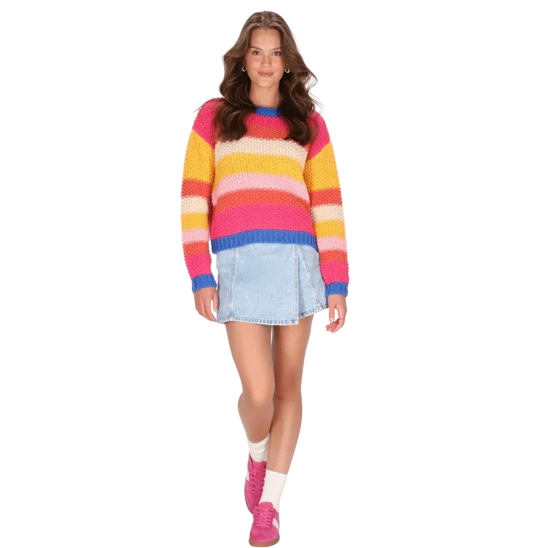 Striped Chunky Knit Sweater – Rainbow Pink, Long Sleeve, Women's