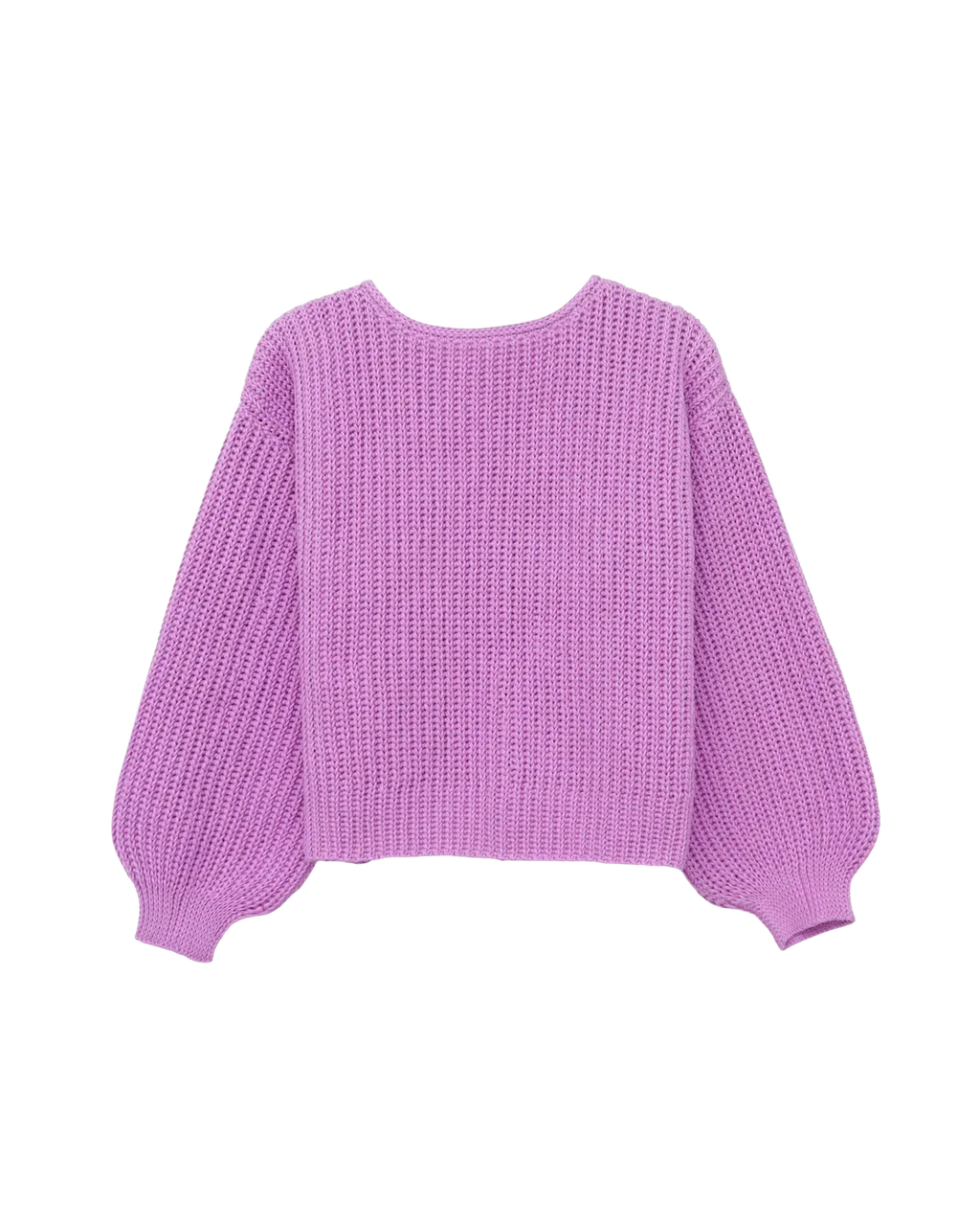 Women's Lavender Purple Knit Cardigan with Tie Front and Puff Sleeves - Cropped Length"