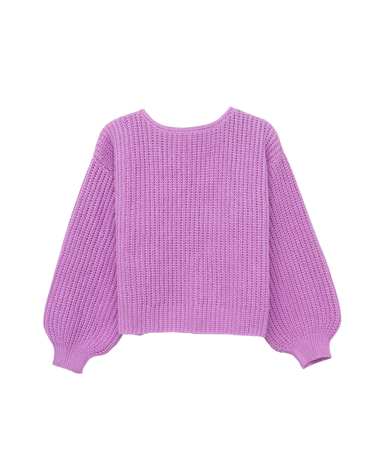 Women's Lavender Purple Knit Cardigan with Tie Front and Puff Sleeves - Cropped Length"