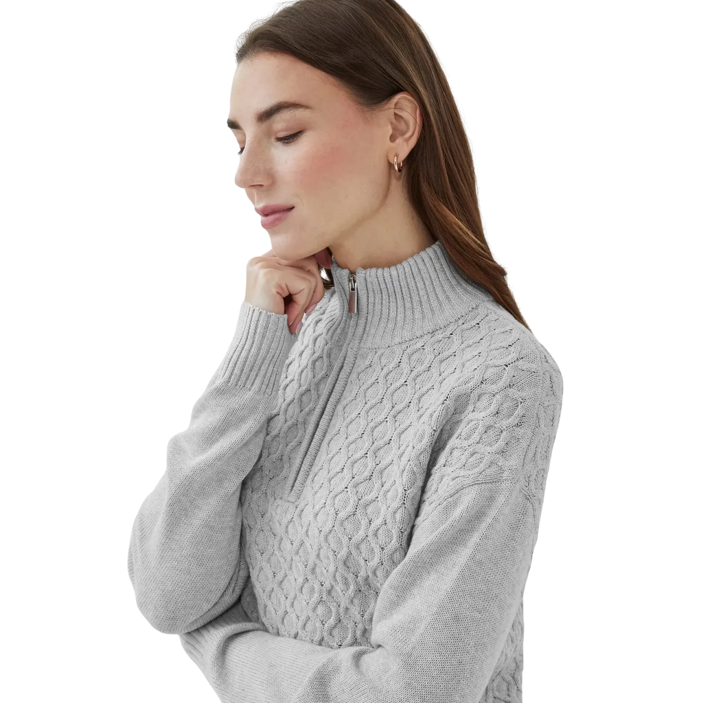 Light Grey Cable Knit Quarter Zip Jumper Women's High Neck