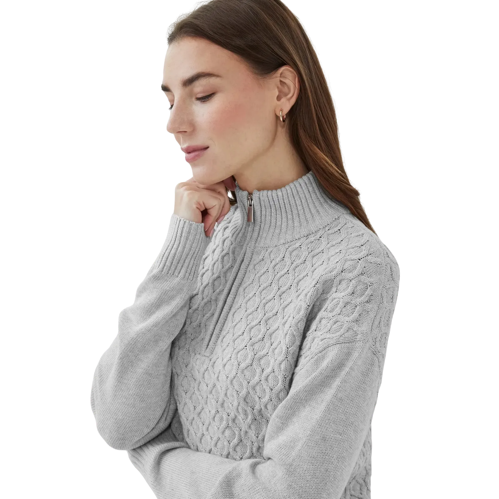 Light Grey Cable Knit Quarter Zip Jumper Women's High Neck