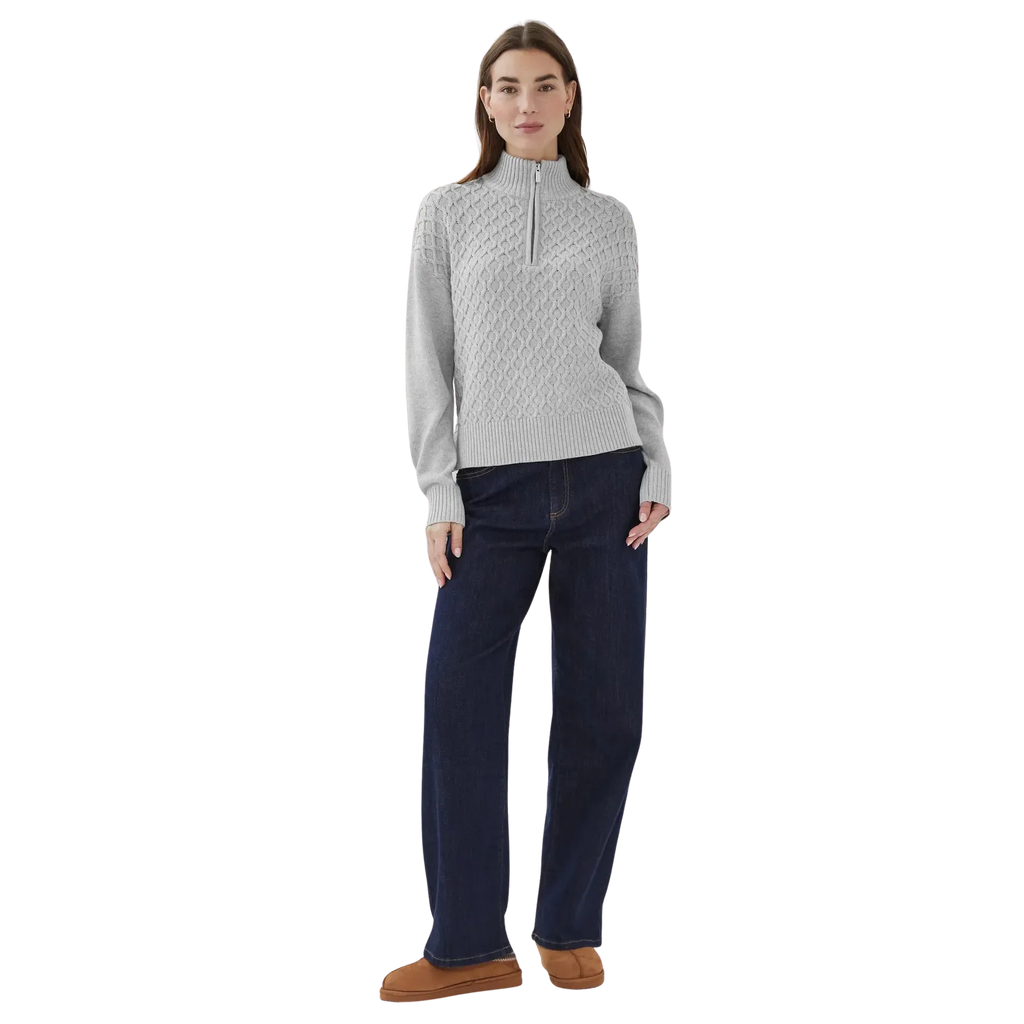Light Grey Cable Knit Quarter Zip Jumper Women's High Neck