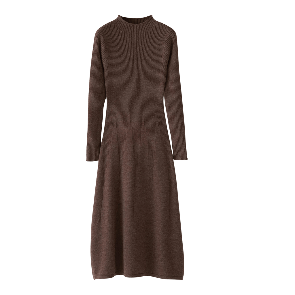 Ribbed Knit Midi Sweater Dress – Chocolate Brown, Long Sleeve, Women's - onyourshape