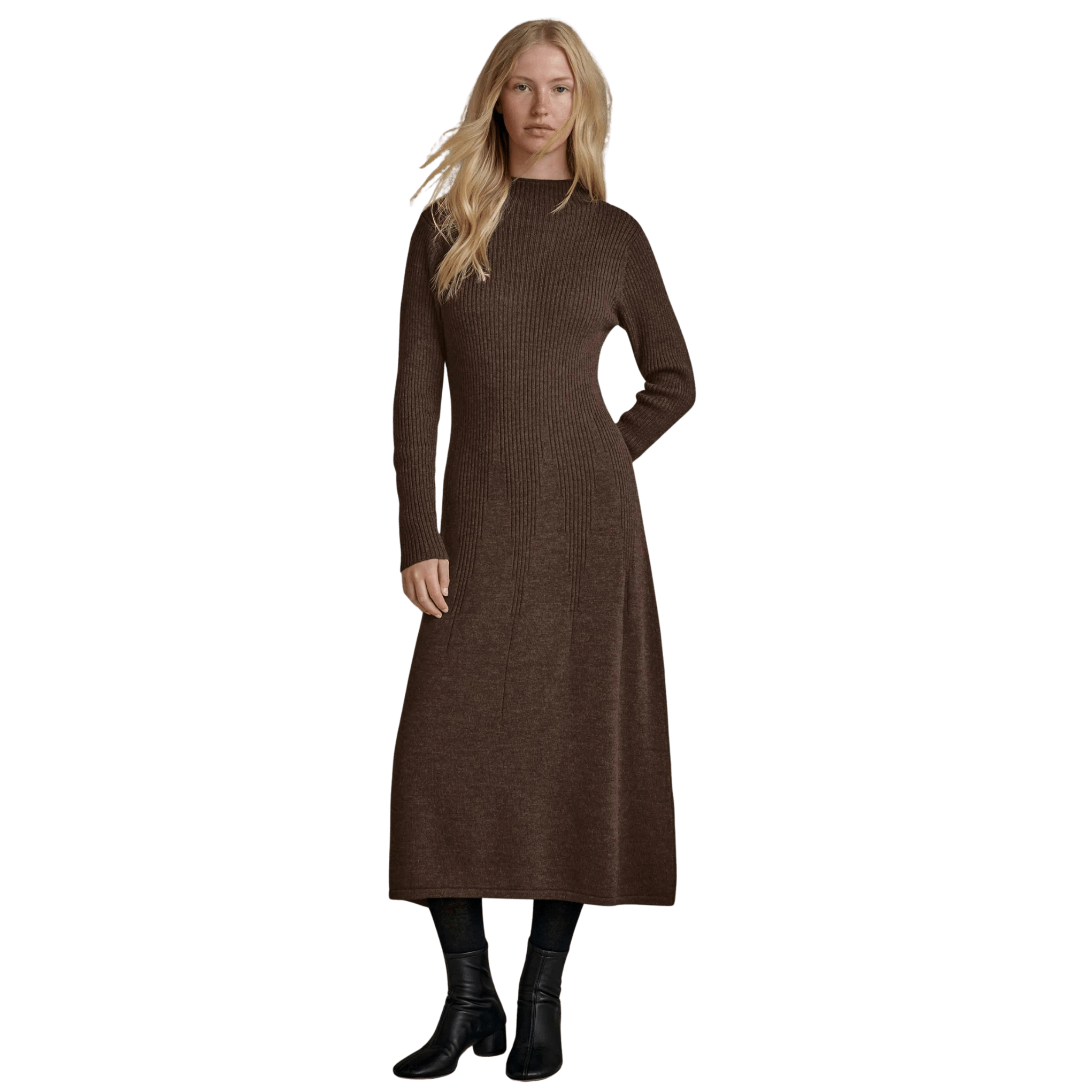 Ribbed Knit Midi Sweater Dress – Chocolate Brown, Long Sleeve, Women's - onyourshape