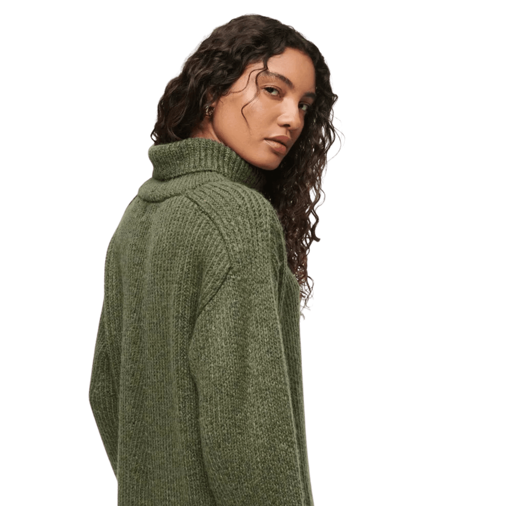Turtleneck Knit Sweater Dress – Olive Green, Long Sleeve, Women's - onyourshape