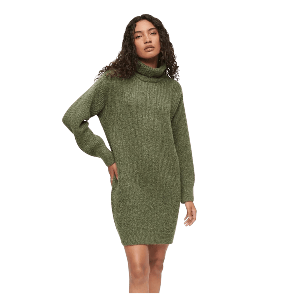 Turtleneck Knit Sweater Dress – Olive Green, Long Sleeve, Women's - onyourshape