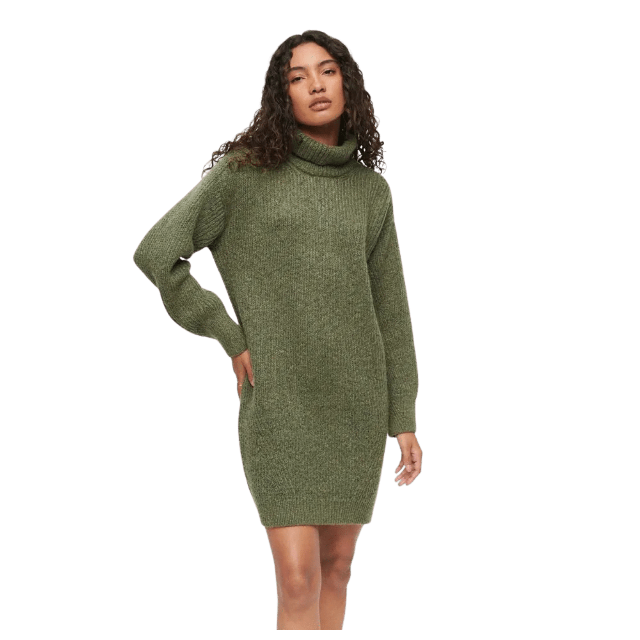 Turtleneck Knit Sweater Dress – Olive Green, Long Sleeve, Women's - onyourshape