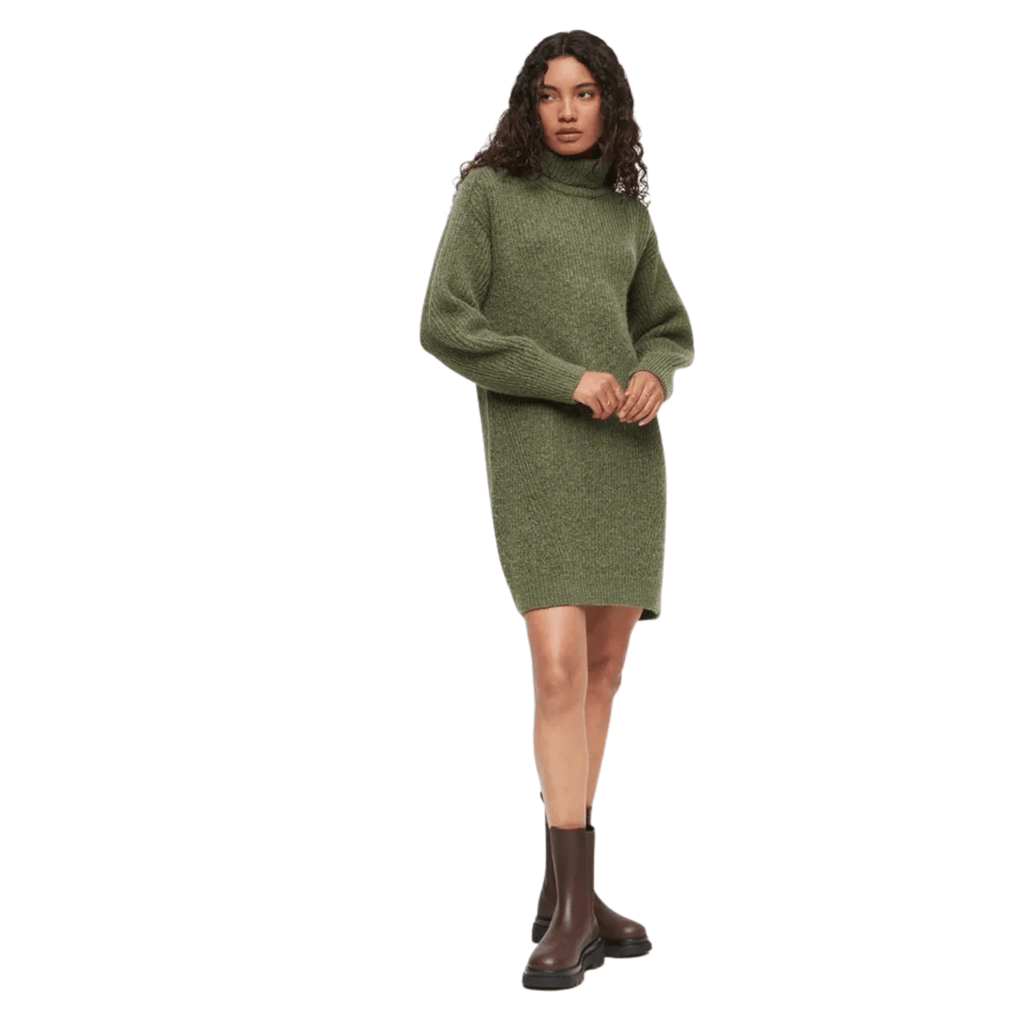 Turtleneck Knit Sweater Dress – Olive Green, Long Sleeve, Women's - onyourshape